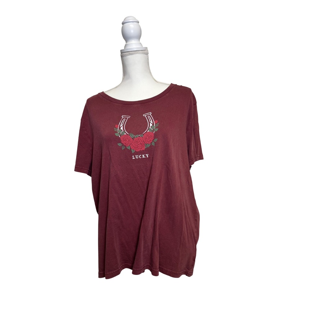 Lucky Brand Women's Maroon Horseshoe Short Sleeve Graphic T-Shirt Size XXL